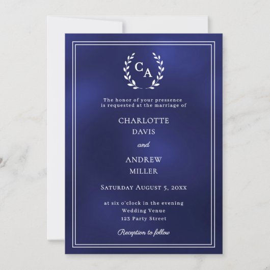 Invitation Navy blue wreath monogrammed simple wedding  (Devant)
