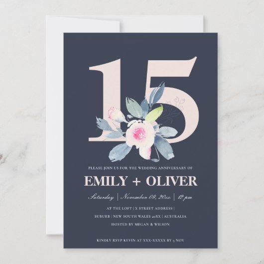 INVITATION NAVY BLUSH BLEU FLORAL 15ÈME ANNIVERSAIRE TOUTE AN (Devant)