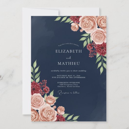 Invitation Navy Blush Bloom Romance Wedding (Devant)