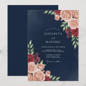 Invitation Navy Blush Bloom Romance Wedding (Devant / Derrière)