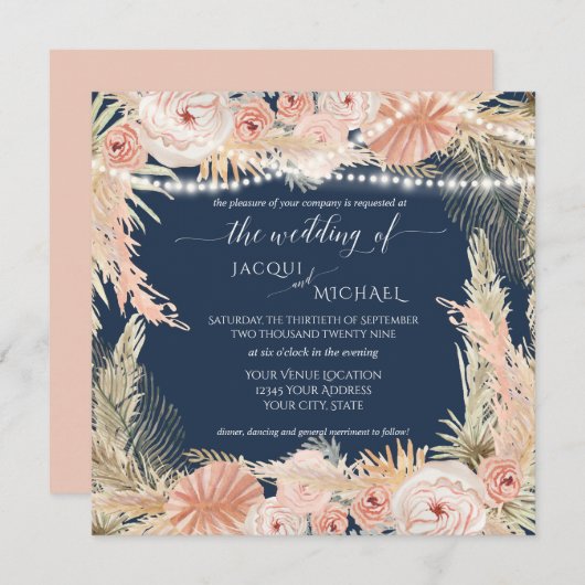 Invitation Navy Blush BOHO Twinkle Lights Floral Pampas (Devant / Derrière)