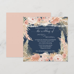 Invitation Navy Blush BOHO Twinkle Lights Floral Pampas