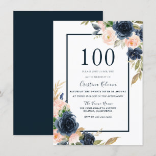 Invitation Navy & Blush Floral Élégant 100e fête d'anniversai