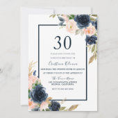 Invitation Navy & Blush Floral Élégant 30ème anniversaire fêt (Devant)