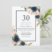 Invitation Navy & Blush Floral Élégant 30ème anniversaire fêt (Debout devant)