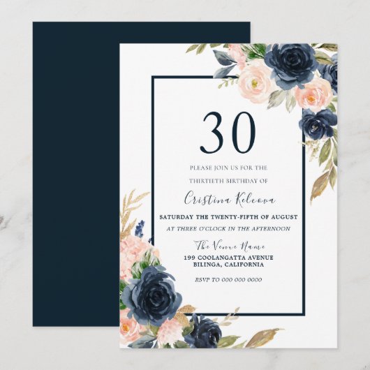 Invitation Navy & Blush Floral Élégant 30ème anniversaire fêt (Devant / Derrière)