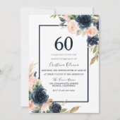 Invitation Navy & Blush Floral Élégant 60e anniversaire fête (Devant)