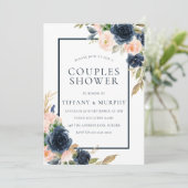 Invitation Navy & Blush Floral Élégant Shower de Couple (Debout devant)