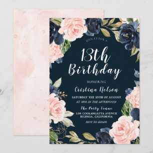 Invitation Navy Blush Floral Girls Boys 13e fête d'anniversai