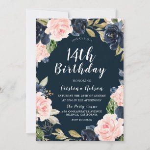 Invitation Navy Blush Floral Girls Boys 14e fête d'anniversai