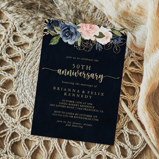Invitation Navy Blush Floral Or 50e Anniversaire De Mariage