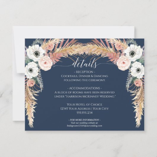 Invitation Navy Blush Floral Pampas Grass Mariage Détails (Devant)