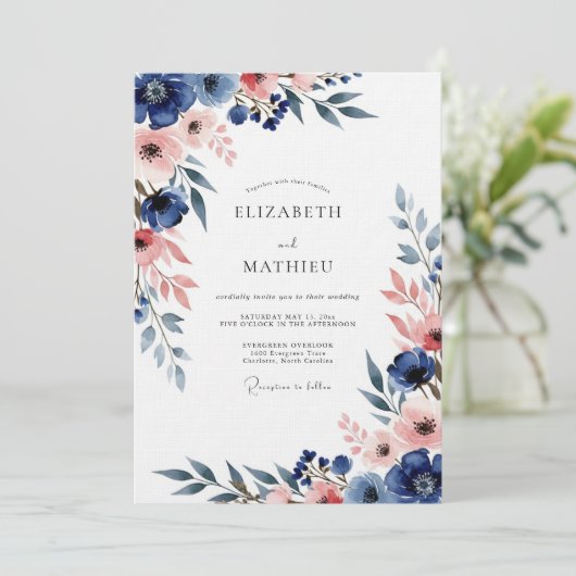Invitation Navy & Blush Floral Romance Wedding (Debout devant)