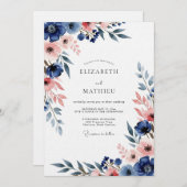 Invitation Navy & Blush Floral Romance Wedding (Devant / Derrière)