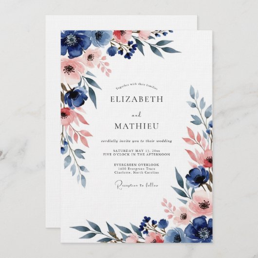 Invitation Navy & Blush Floral Romance Wedding (Devant / Derrière)