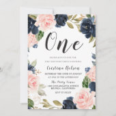 Invitation Navy Blush Flowers 1er anniversaire fête garçon ou (Devant)