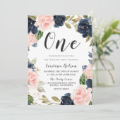 Invitation Navy Blush Flowers 1er anniversaire fête garçon ou (Debout devant)
