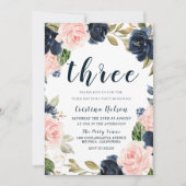 Invitation Navy Blush Flowers 3e fête d'anniversaire garçon o (Devant)