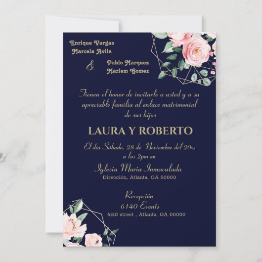 Invitation Navy Blush, mariage floral (espagnol) (Devant)