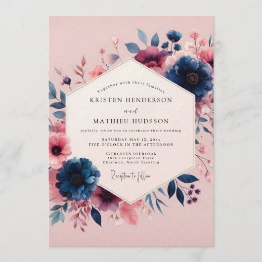 Invitation Navy Blush Moody Bloom Wedding (Devant)