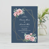 Invitation Navy Blush Peony Gold Frame Wedding  (Debout devant)
