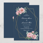 Invitation Navy Blush Peony Gold Frame Wedding  (Devant / Derrière)