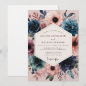 Invitation Navy Blush Vivid Flora Wedding (Devant / Derrière)