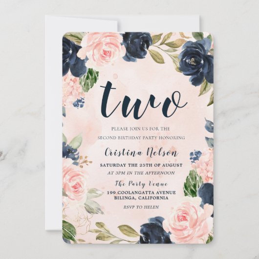 Invitation Navy Blush Watercolor Flowers 2e fête d'anniversai (Devant)