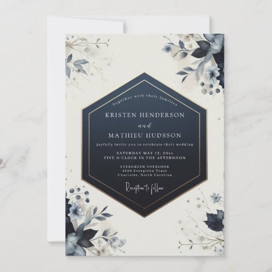 Invitation Navy Botanical Bloom Wedding (Devant)
