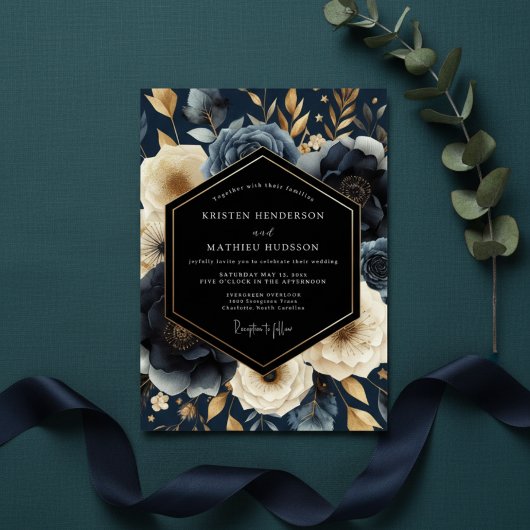 Invitation Navy Botanical Opulent Wedding