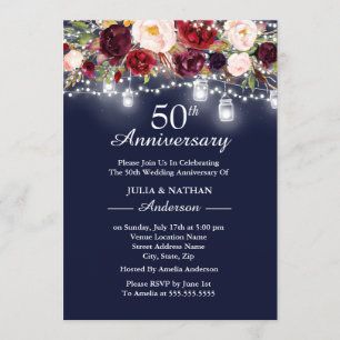 Invitation Navy Bourgogne Fleurs Lumineuses 50e Anniversaire