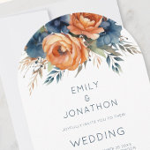 Invitation Navy Brûlé Fleurs Orange Code QR Arche de Mariage