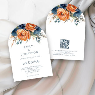 Invitation Navy Brûlé Fleurs Orange Code QR Arche de Mariage