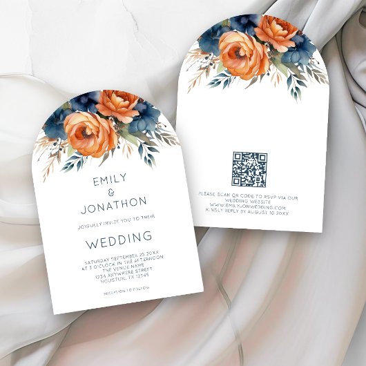 Invitation Navy Brûlé Fleurs Orange Code QR Arche de Mariage