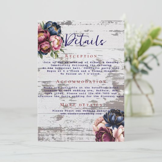 Invitation Navy Burgundy Blush Pink Peony Détails du Mariage (Debout devant)