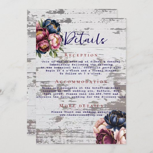 Invitation Navy Burgundy Blush Pink Peony Détails du Mariage (Devant / Derrière)