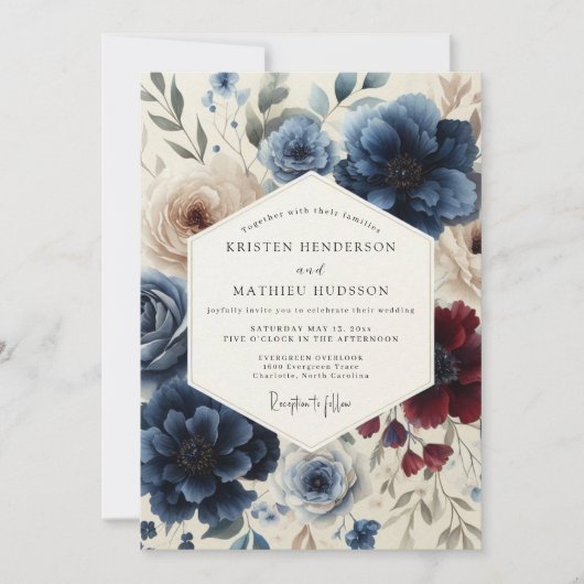 Invitation Navy & Burgundy Classic Floral Wedding (Devant)