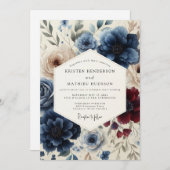 Invitation Navy & Burgundy Classic Floral Wedding (Devant / Derrière)