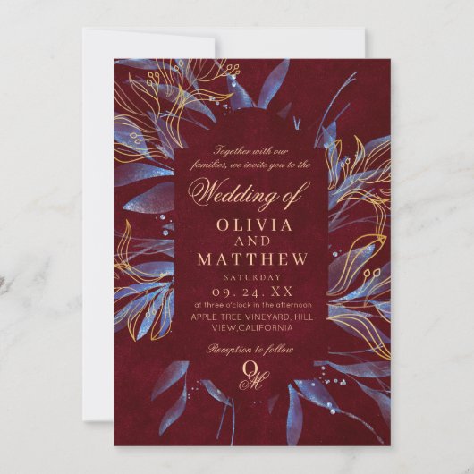 Invitation Navy & Burgundy Classic Monogram Wedding (Devant)