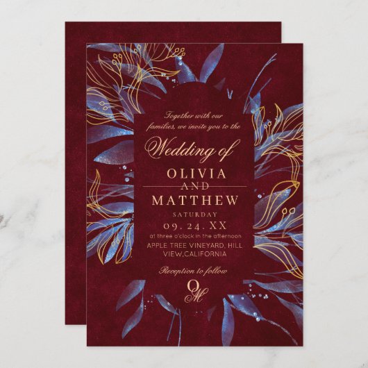 Invitation Navy & Burgundy Classic Monogram Wedding (Devant / Derrière)