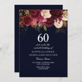 Invitation Navy & Burgundy Flowers 60e anniversaire Invitatio (Devant / Derrière)