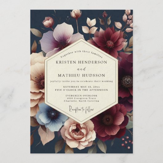 Invitation Navy Burgundy Moody Bloom Wedding (Devant)