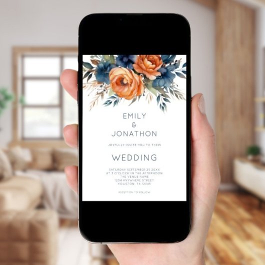 Invitation Navy Burnt Orange Florals QR Code Wedding Arch