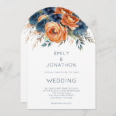 Invitation Navy Burnt Orange Florals QR Code Wedding Arch (Devant / Derrière)