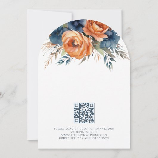 Invitation Navy Burnt Orange Florals QR Code Wedding Arch (Dos)