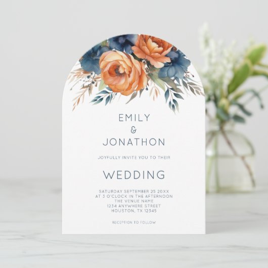 Invitation Navy Burnt Orange Florals QR Code Wedding Arch (Debout devant)