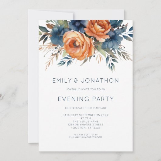 Invitation Navy Burnt Orange Florals Wedding Evening Party (Devant)