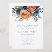 Invitation Navy Burnt Orange Florals Wedding Evening Party (Devant / Derrière)