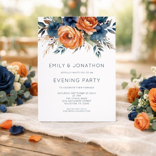Invitation Navy Burnt Orange Florals Wedding Evening Party