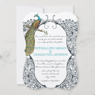 Invitation Navy Caprice Motif Oiseaux Amoureux Paon Mariage